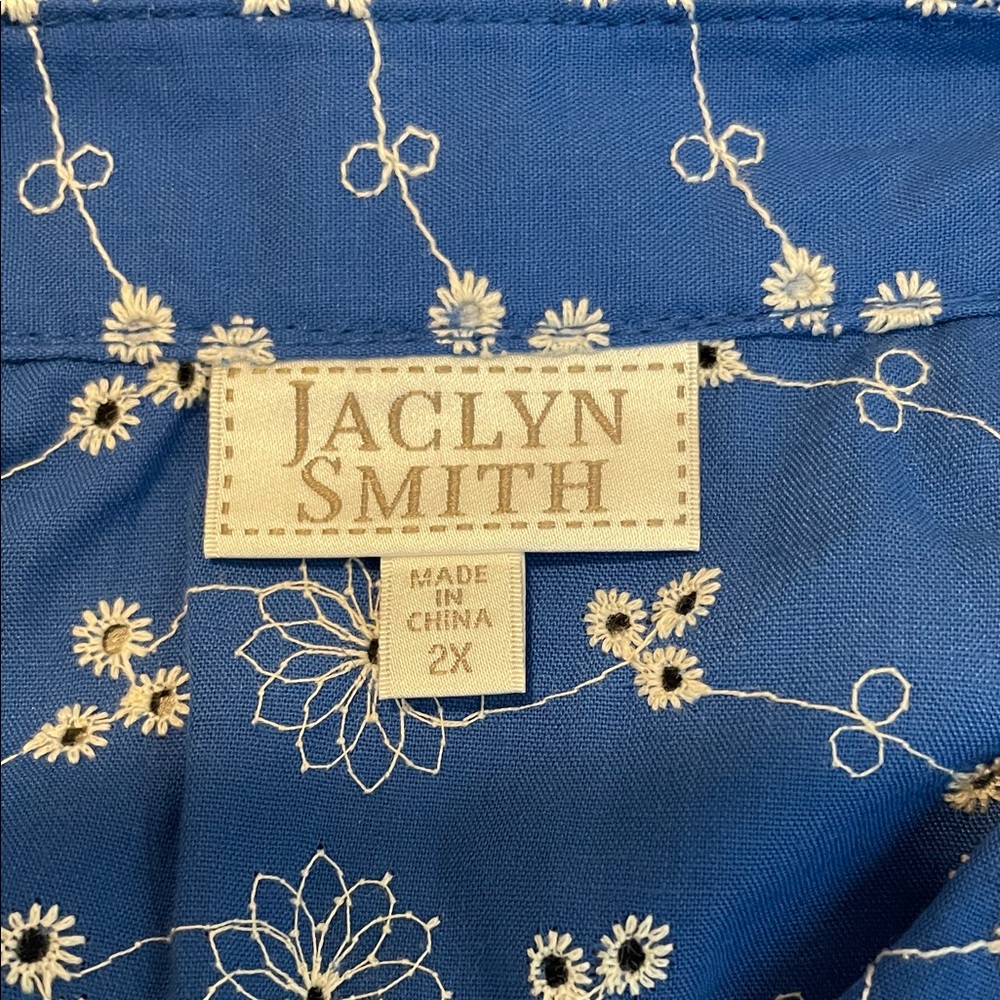 Jaclyn Smith Embroidered & Eyelet Button Up Blouse Blue White‎ 2X - Picture 4 of 10
